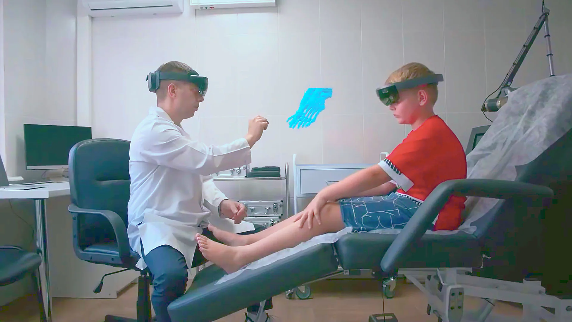 Medical team collaborating around an operating-room XR visualization