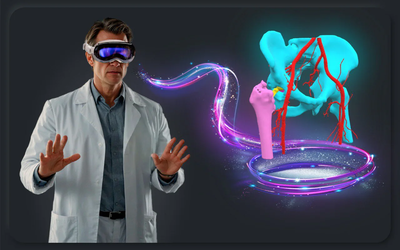 Doctor using XR glasses while interacting with a holographic pelvis model